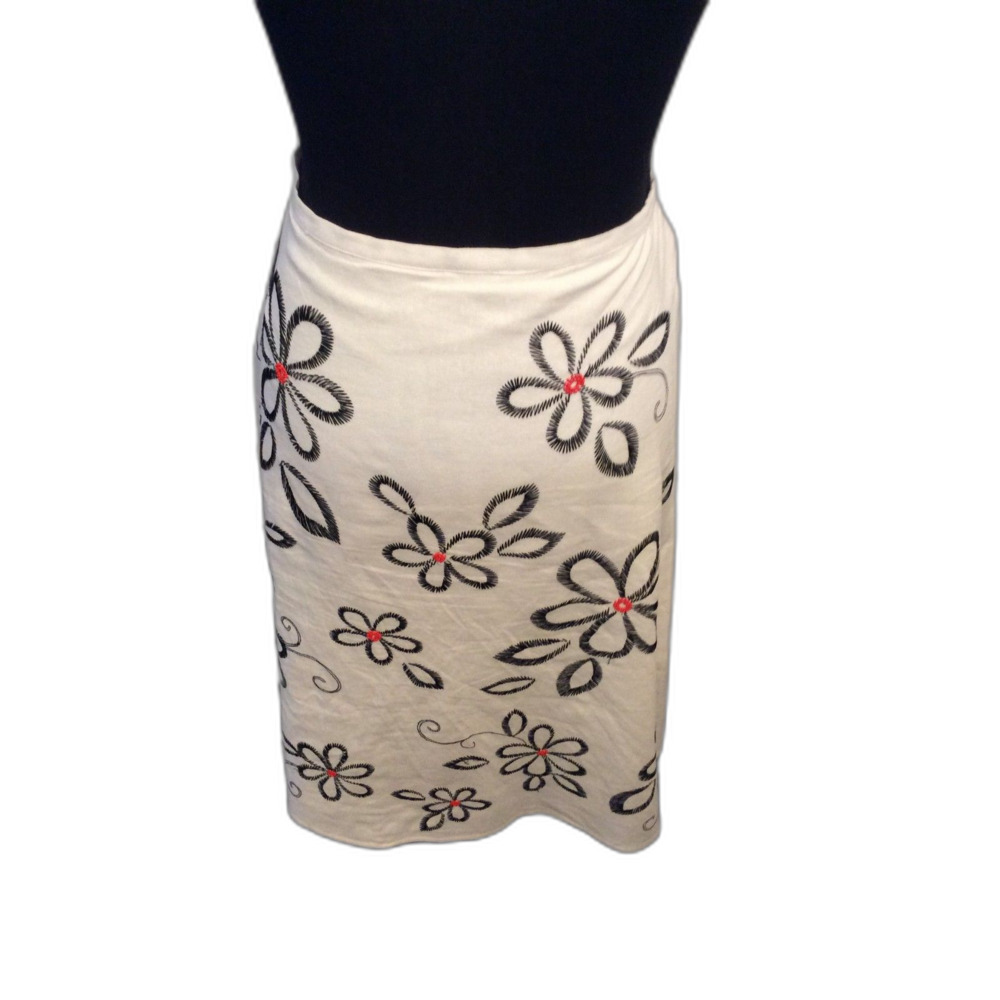 Vintage Carole Little Floral Embroidered Linen Skirt Womens Size 4 Midi A Line